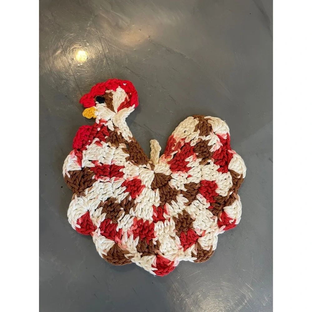 VTG Handmade Crochet Chicken Doily Toaster Cover Rooster Potholder Set Farmhouse